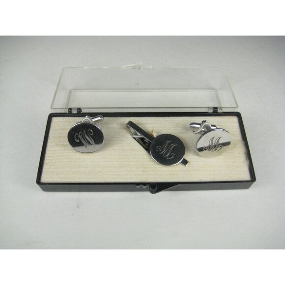 Gentry M Initial Cufflink Set Tie Tack Silvertone Orginal Box Vintage - Picture 1 of 9